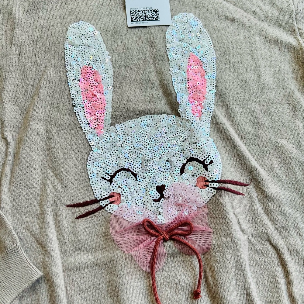 H&M size 6-8yrs Tan & Pink Bunny Fine Knit Sweater Top With Sequins & Bow, NWT - Picture 2 of 5